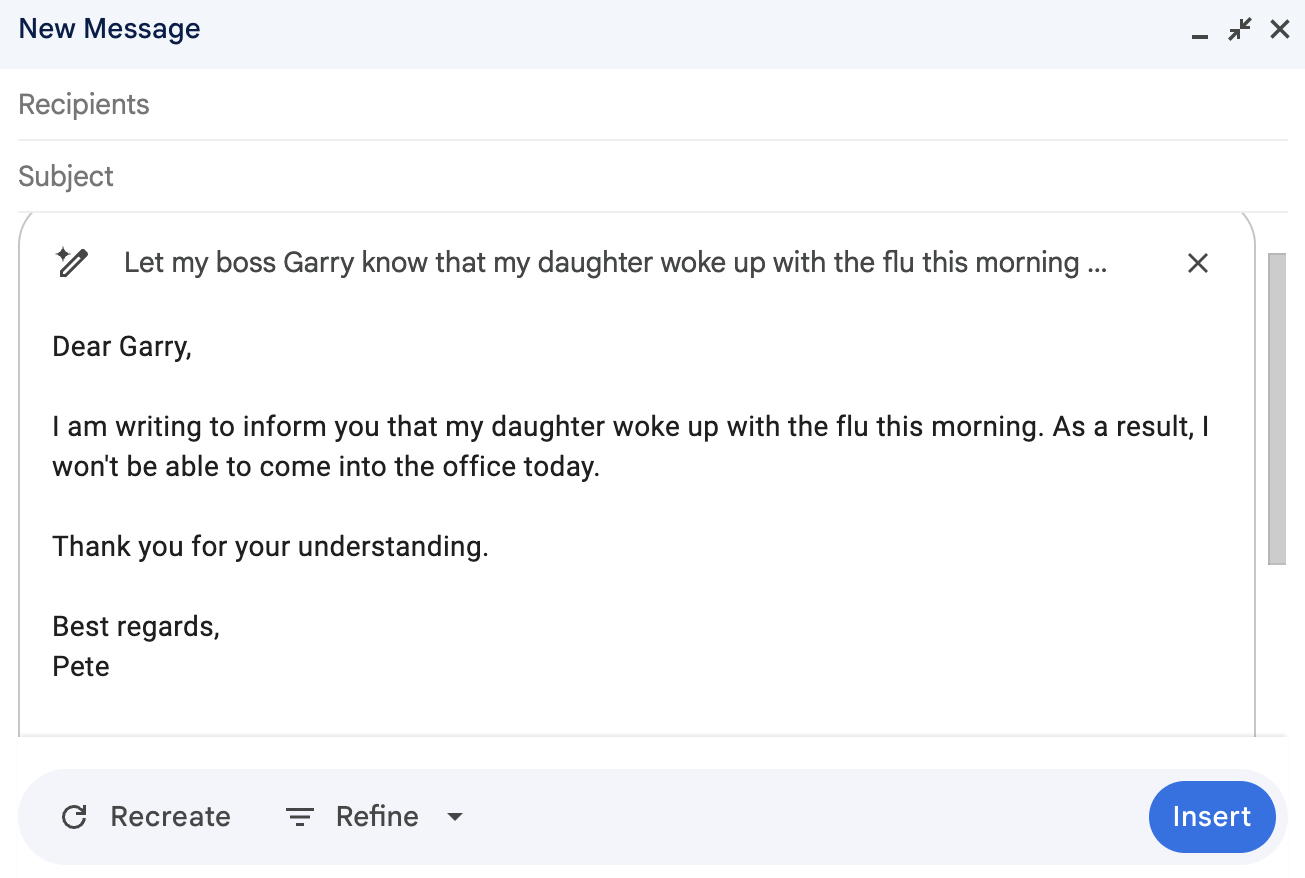 Gmail's Gemini email draft generation feature response